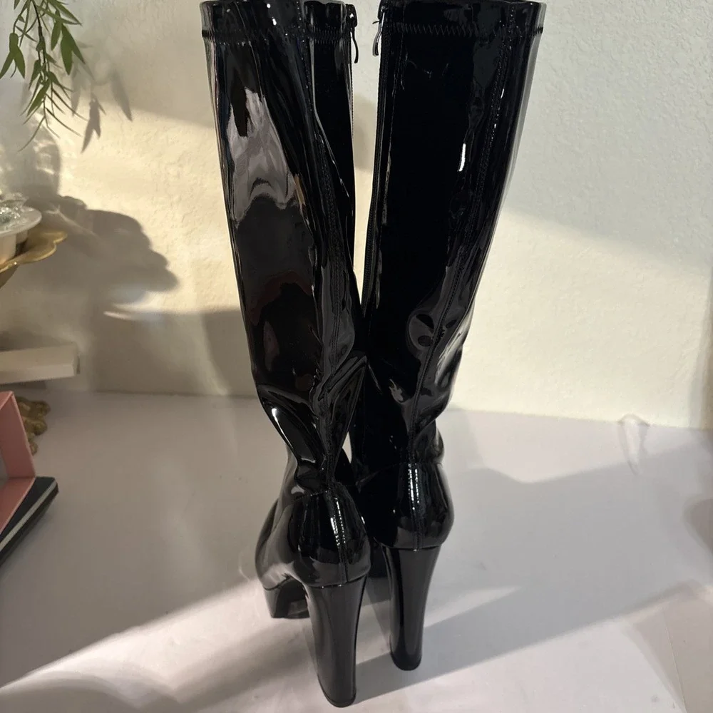 Allegra K Black Patent Over-The-Knee Platform Boots